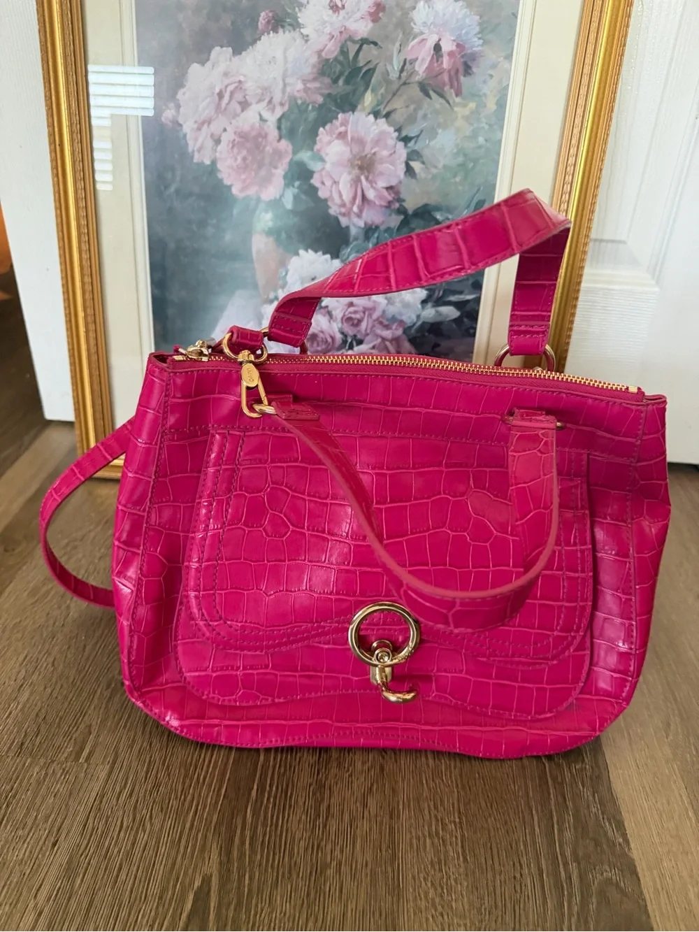 Liu Jo Hot Pink Croc-Embossed Top Handle Crossbody Bag